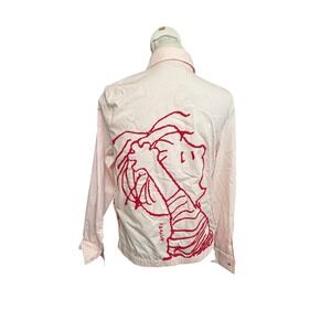 History x peanuts Pink Poplin Pullover Shirt Red Graphic Back Snap Button Size L